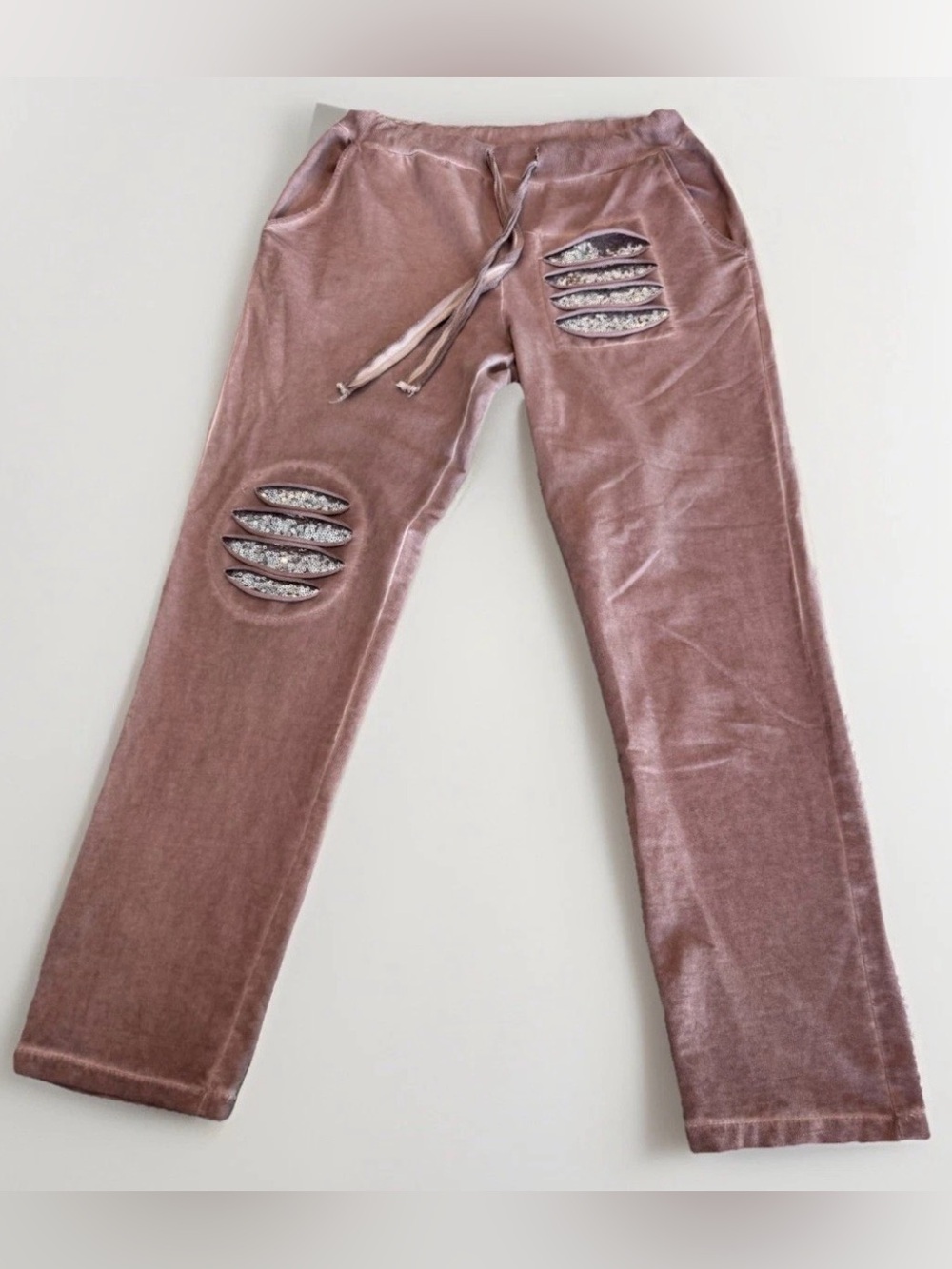 Bella Amore Italy Pink Sequin Distressed Jogger Pants High Rise Loungewear